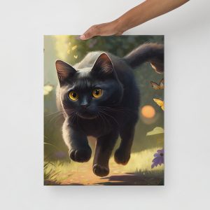 Black Cat Chasing Butterflies - Canvas Print