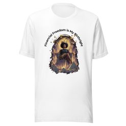 Financial Freedom is my birthright t-shirt with black woman with afro sitting on a throne above pyramids with gold coins falling all around.
