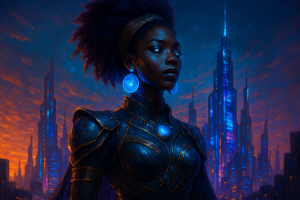 black woman facing to the right in an afro-futuristic style as an example of what are ai prompts for artwork post