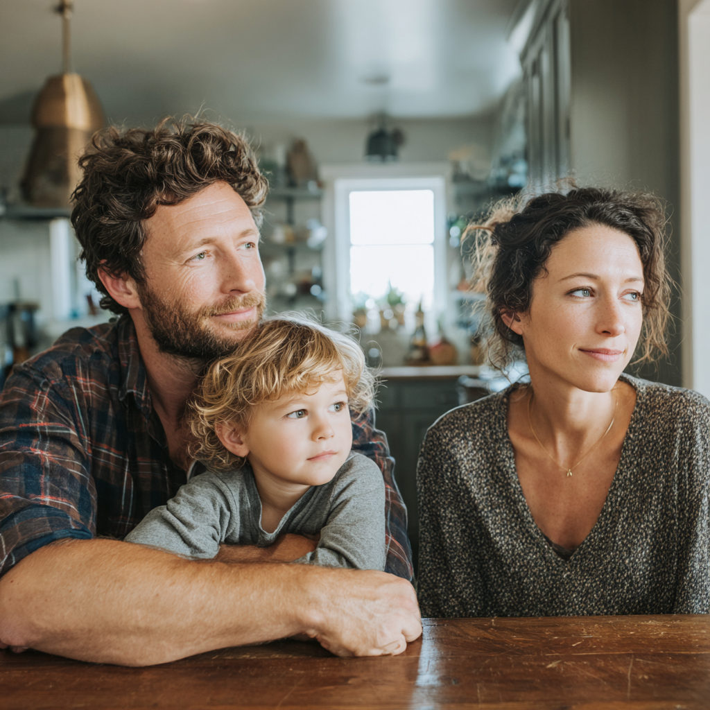 Young family at home planning their finances and learning about term life insurance for family protection