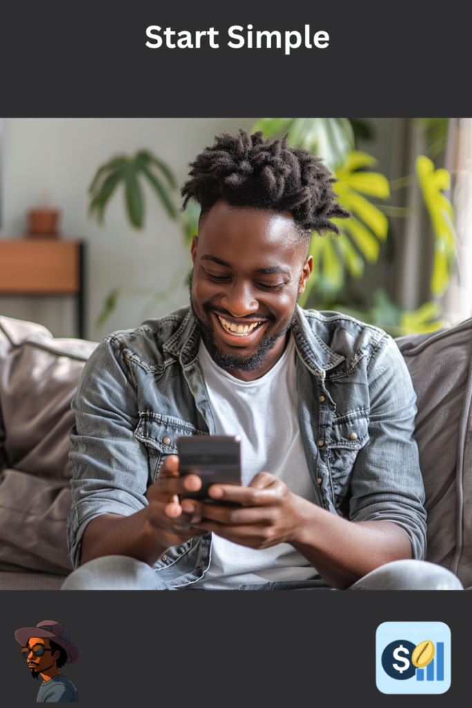 Young adult smiling while checking finances on a phone, representing simple money tracking and financial peace of mind.