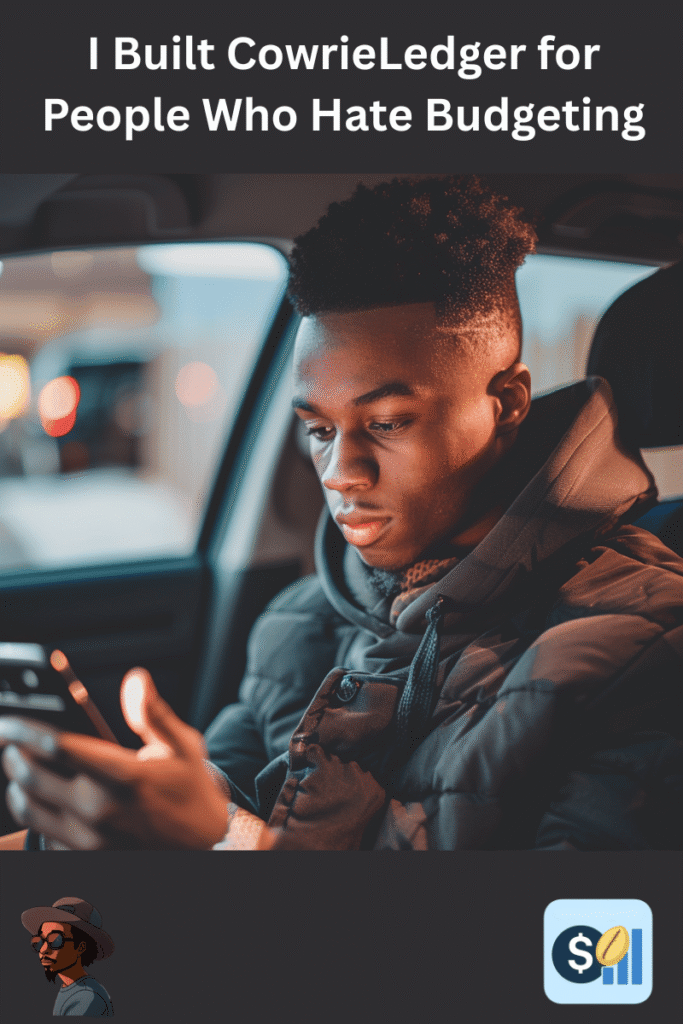 Young Black man sitting in a car looking at his phone with a thoughtful expression, representing real-life financial stress and money management challenges.