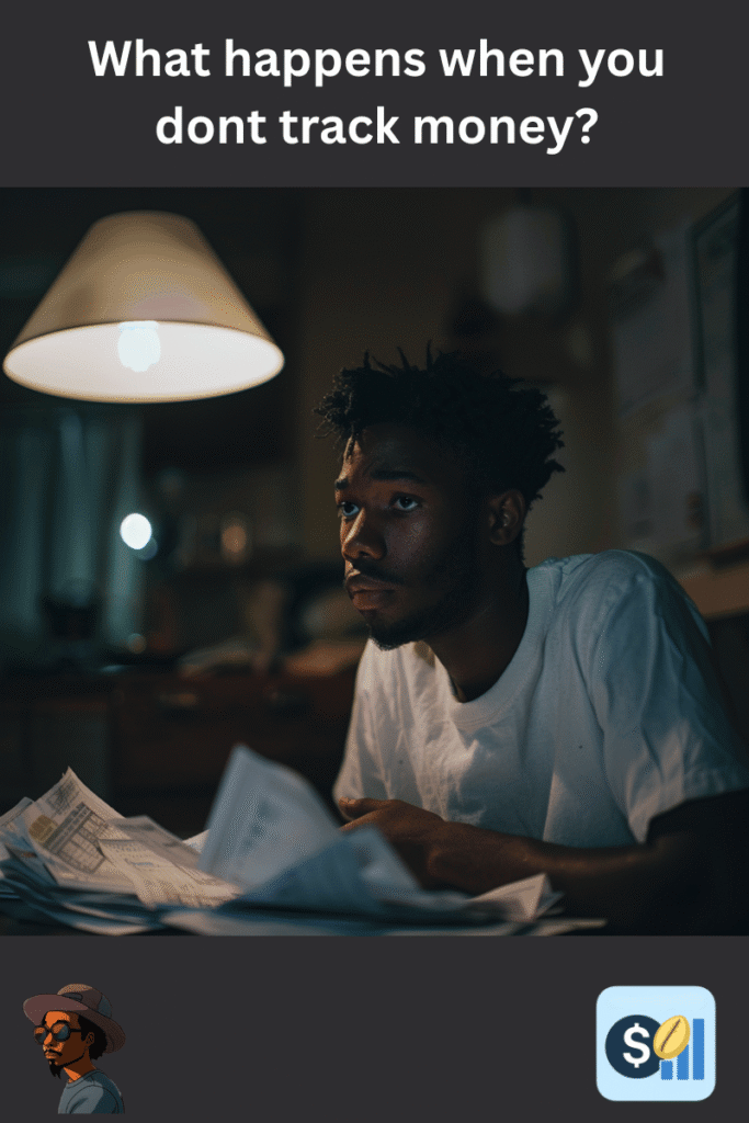 Young man sitting with overdue bills at night, showing the stress and consequences of not tracking personal finances.