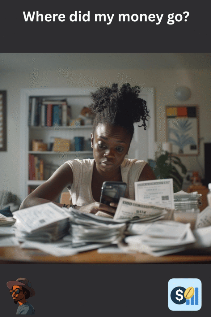 Young adult surrounded by bills and receipts looking confused about where their money went, illustrating lack of financial tracking.