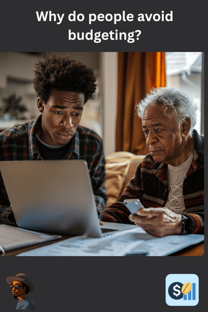 Young adult overwhelmed by budgeting spreadsheets and a senior confused by a smartphone, representing different struggles with financial tracking tools.
