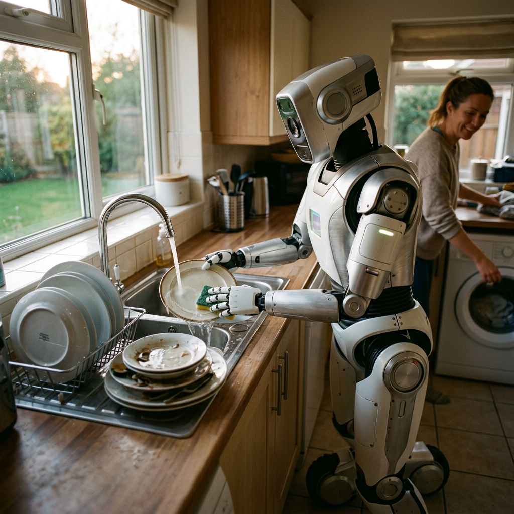Humanoid robot washing dishes at a kitchen sink while a woman works nearby