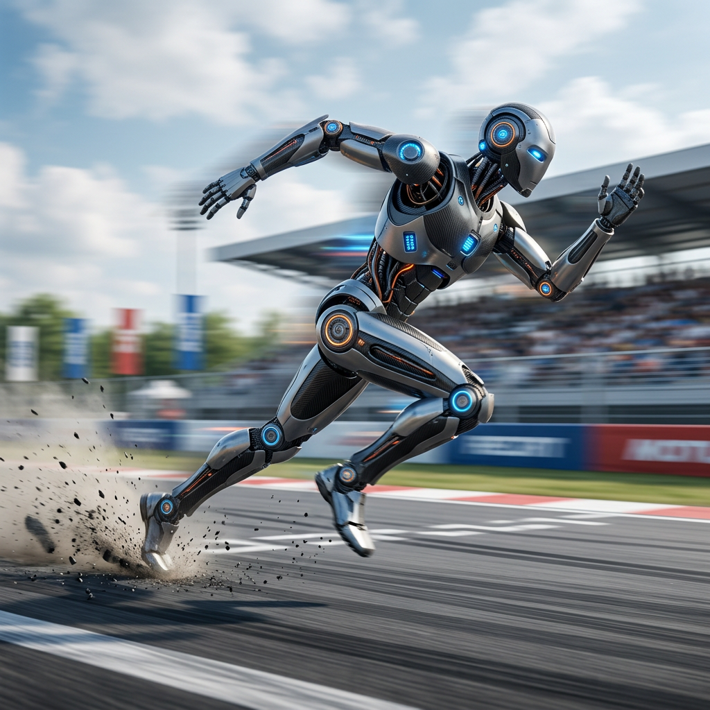 Humanoid robot sprinting on a racetrack and kicking up dust