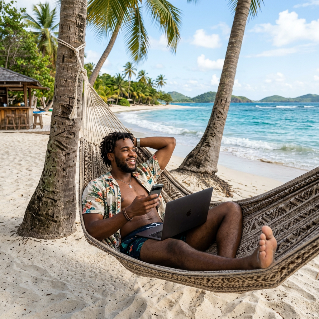 Man using phone and laptop in a hammock on a tropical beach
